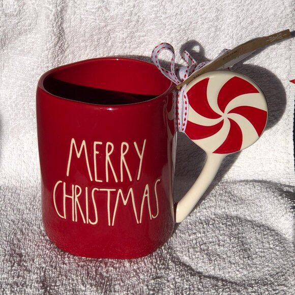 NWT Rae Dunn Merry Christmas Mug Red Candy Peppermint Handle - Picture 1 of 4